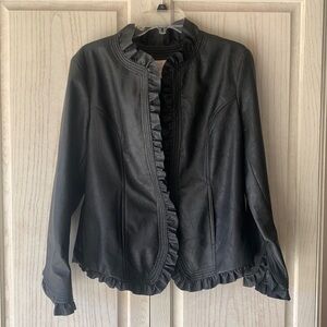 Black faux leather jacket with ruffled trim